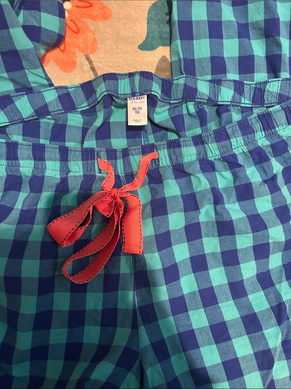 Old Navy Blue & Teal Gingham Pajama pants with Coral Tie